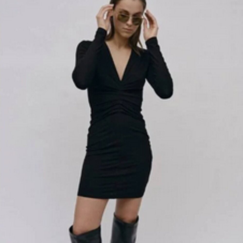 Birgitte Herskind Anna Dress Women's Large Bodycon Black Long Sleeve V Neck